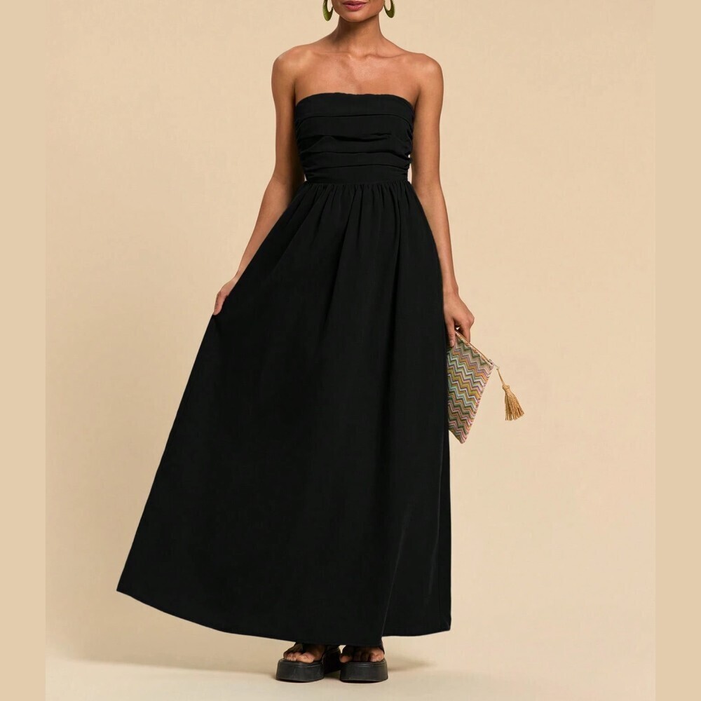 Black Strapless Midi Dress with Ruched Bodice - Picture 6 of 6